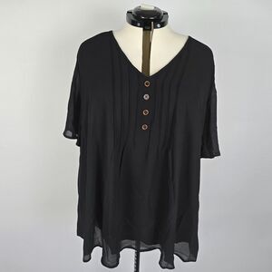 Bloomchic Blouse Women's 3X Short Sleeve Button Detail Mesh Overlay Black NWT